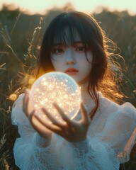 Naklejka premium Young Futuristic Girl Holding a Magical Light Sphere