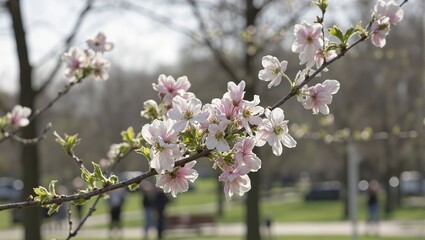 Obraz premium Vibrant dogwood flowers on a branch in full bloom against a serene sunlit park background Perfect for spring concepts