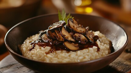 Gourmet Mushroom Risotto: A Rustic Italian Dish Enhanced with Truffle Oil for Earthy Richness