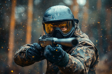 Obraz premium Close-Up of Paintball Players in Action, Wearing Protective Masks and Gear, Generative AI art