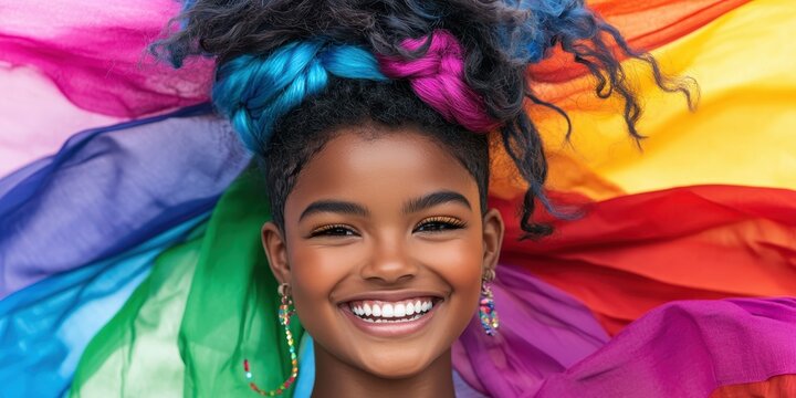 A young girl radiates happiness with her multicolored hair styled in an elaborate way. Brightly colored fabrics create a joyful rainbow backdrop celebrating diversity and pride