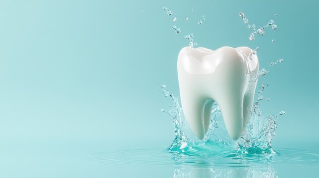 A pristine white tooth emerges from the water, creating a dynamic splash that embodies the principles of oral cleanliness and vibrant health in a playful setting.