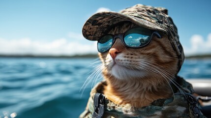 A stylish cat wearing sunglasses and a camouflage hat, confidently posed on a boat, embodying a relaxed and chic attitude ideal for summer adventures and leisure.