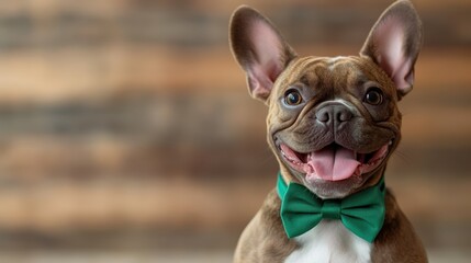 A delightful French Bulldog poses with a bright smile and a stylish green bow tie, exuding charm and amiability that resonates with pet lovers and admirers alike.