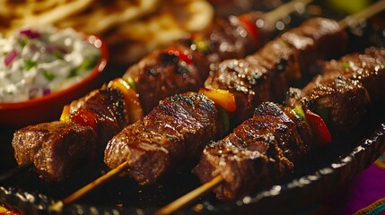 An Enticing Close-Up of Juicy Beef Kebabs with Creamy Tzatziki Sauce and Pita Bread on a Vibrant Tablecloth