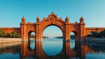 Ornate red stone arch bridge reflecting in calm water under a sunny sky.