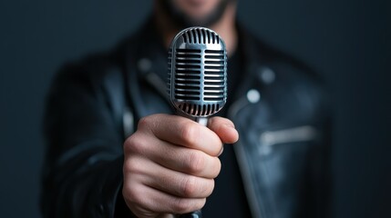 A passionate singer is about to perform, holding a retro microphone, evoking a sense of nostalgia and excitement for live music and the artistry of performance.