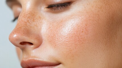 A close-up portrait of a smiling woman highlights her freckles and flawless skin, presenting a natural beauty that showcases authenticity and confidence.