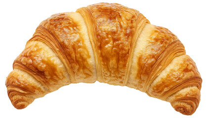 Freshly baked croissant with golden flaky layers, crispy and detailed texture, isolated on white background, PNG format, top view
