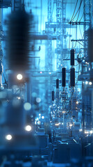 The power grid, including substations and transformers, neatly arranged on a blue digital background
