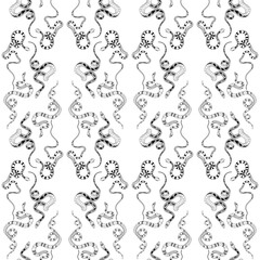 Intricate black and white seamless pattern featuring stylized snakes in playful arrangements