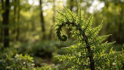 Fototapeta premium Lush green fern branch unfurling in a forest setting illuminated by soft sunlight Perfect for nature lovers and botanical enthusiasts