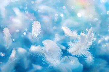 Naklejka premium Ethereal waltz white feathers within light blue dream peaceful light touch