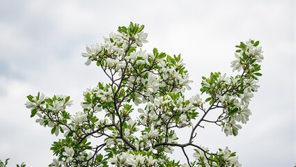 Beautiful magnolia tree branch with large white flowers and green leaves set against a dramatic cloudy sky Rich in color and natures elegance