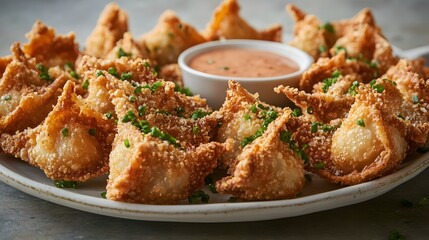 Festive Sharing Platter of Crispy Crab Rangoon with Tangy Dipping Sauce: Ideal for Gatherings and Parties