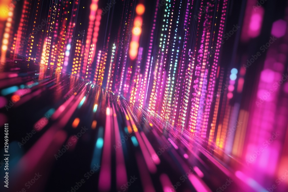 Poster Colorful stream of lights creating a dynamic abstract visual effect in a dark space. Generative AI