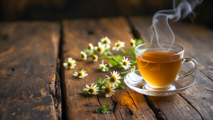 Cup of tea with Chamomile leaves around it on a vintage rustic table. Close-up of Chamomile tea on an antique wooden table. AI-Generated