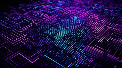 An intricate neon maze design with glowing purple and blue lines, creating a dynamic and abstract geometric pattern. The fluid lines and glowing texture evoke a sense of motion and digital art.