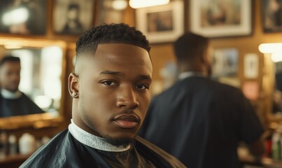 Man getting haircut, barbershop, stylish fade, vintage decor, portrait