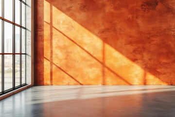 Modern Room Interior Design Orange Wall Sunlight Shadows Minimalist Empty Space Concrete Floor Large Window City View Architectural Photography       