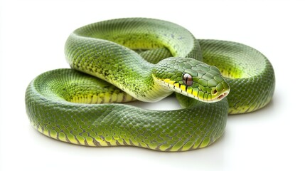 Fototapeta premium Coiled green snake on white background with intricate scale patterns