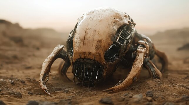 A unique robotic insect lies on the ground in a desert landscape, showcasing intricate mechanical craftsmanship surrounded by warm earthy tones and textures.