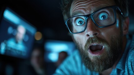 An astonished man with glasses leans forward in disbelief while looking at multiple screens, highlighting the intense emotions associated with unexpected digital information.