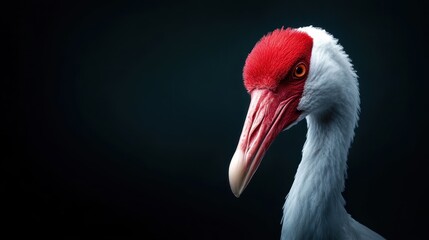 Obraz premium This captivating image features a close-up of a crane showcasing its striking red head and piercing eye, highlighting the beauty of nature and avian life.