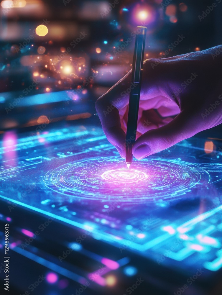 Leinwandbilder digital artist creating vibrant designs on a futuristic touchscreen device in a creative workspace. 