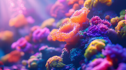 Fototapeta premium A vibrant underwater colorfull acid coral reef close up.Generated AI.