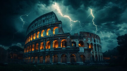 Roman coliseum at night with storm and lightning striking