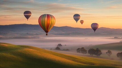 Naklejka premium Colorful Hot Air Balloons Drifting Over Serene Hilltop Landscape