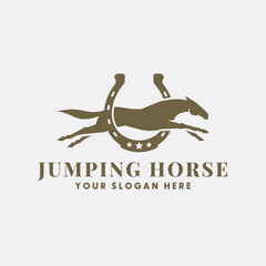 Elegant Horse Jumping Over Horseshoe Shaped Obstacles Logo, Horse Jumping Logo, Horse shoe Logo.