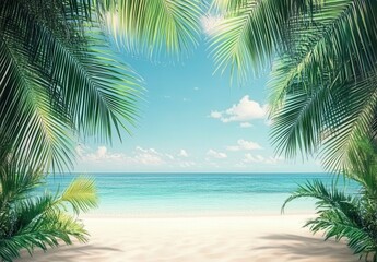 Obraz premium Tranquil Beach View Surrounded by Lush Palm Trees Under a Clear Blue Sky with Gentle Waves and Soft Sand on a Peaceful Day by the Sea