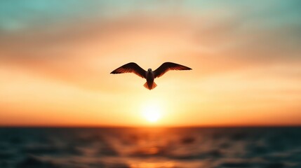 A bird caught in flight against a stunning ocean sunrise creates a captivating image of freedom. The vibrant colors reflect the magical beauty of nature’s own canvas.