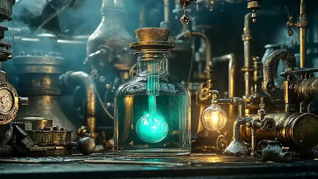 A glowing potion in a vintage laboratory filled with intricate machinery and steam