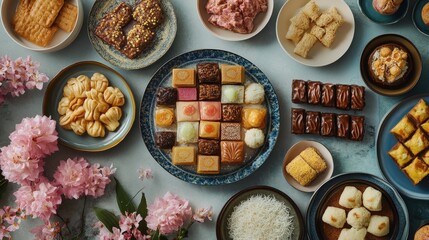 Fototapeta premium Colorful Assortment of Kuih Raya on a Festive Table Spread