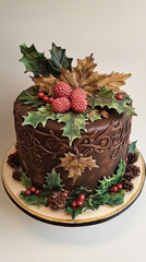 beautifully decorated chocolate cake adorned with festive holly and berries, perfect for holiday celebrations. intricate design adds touch of elegance and joy to any occasion