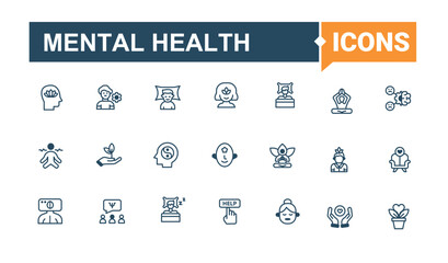 Mental Health icon collection. Included icons as physical, healthy lifestyle, man, acupuncture, disorder, sauna, love and more. Isolated icon. Solid line editable stroke. Vector line and solid icons.