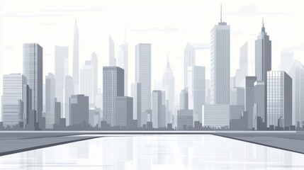 Fototapeta premium Modern urban skyline with reflection of tall skyscrapers in a monochromatic cityscape