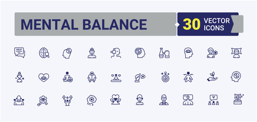Mental Balance linear icon. Contains linear outline icons like man, treatment, management, psychotherapy, hygiene, 5on and more. Line symbol. Solid line editable stroke. Vector collection.