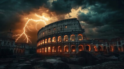 Roman coliseum at night with storm and lightning striking