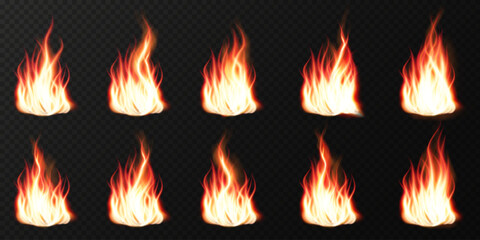 Realistic fire flames with glowing sparks and burning heat effects. High-quality vector illustration featuring translucent fiery blazes, campfire flames, and explosive fire lines on a dark background.