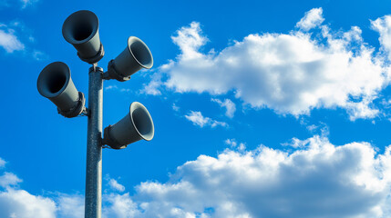 Street loudspeakers mounted on a metal pillar, standing against a cloudy blue sky