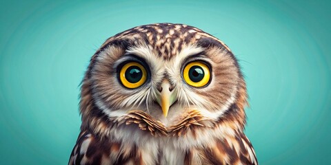 Obraz premium Whimsical Wide-Eyed Owl Portrait: Pastel Blue Background, Surprised Expression - Stock Photo