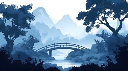 Fototapeta premium A small mountain bridge in the morning mist