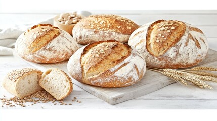 Fototapeta premium Artisan Breads: A collection of freshly baked artisan breads, with golden crusts, resting on a rustic wooden board, offering a delightful visual of culinary craftsmanship.