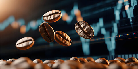 Coffee beans floating over rising stock market graph indicating increasing coffee prices