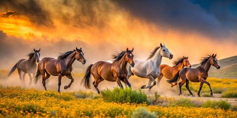 Fototapeta premium Wild Horses Galloping in Desert Sandstorm - Dramatic Night Photography