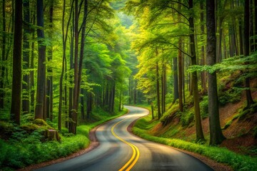 Fototapeta premium Winding Forest Road, USA: Scenic Drive Through Lush Green Trees